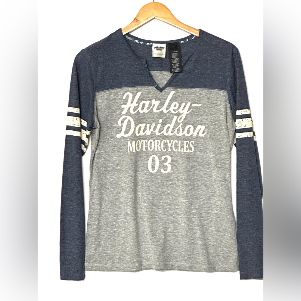 Harley-Davidson Raglan Navy and Gray‎ V-Neck Shirt size Large Lightweight